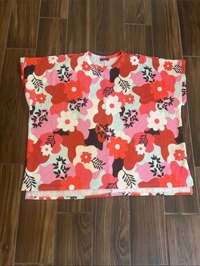 HEIMISH USA Floral Short Sleeve Ribbed Boxy Top - Pink, Red, White